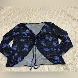 SHEIN Black Mesh Butterfly Tie-Front Long Sleeve Top - Blue Print